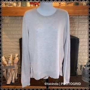 SUSINA Gray Pleated Mixed Media Sweater with Navy & White Striped Shirt-tail